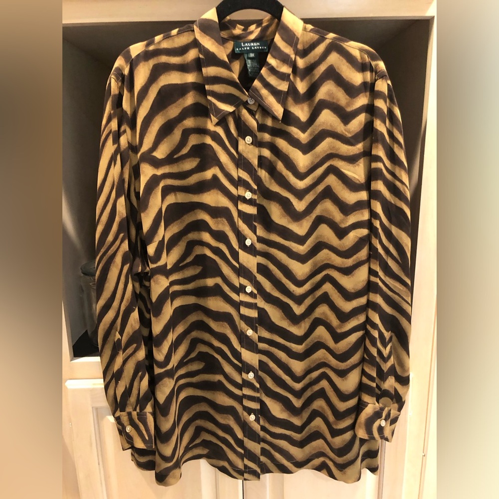 Ralph Lauren Brown and Tan Zebra Print Silk Blouse 3X